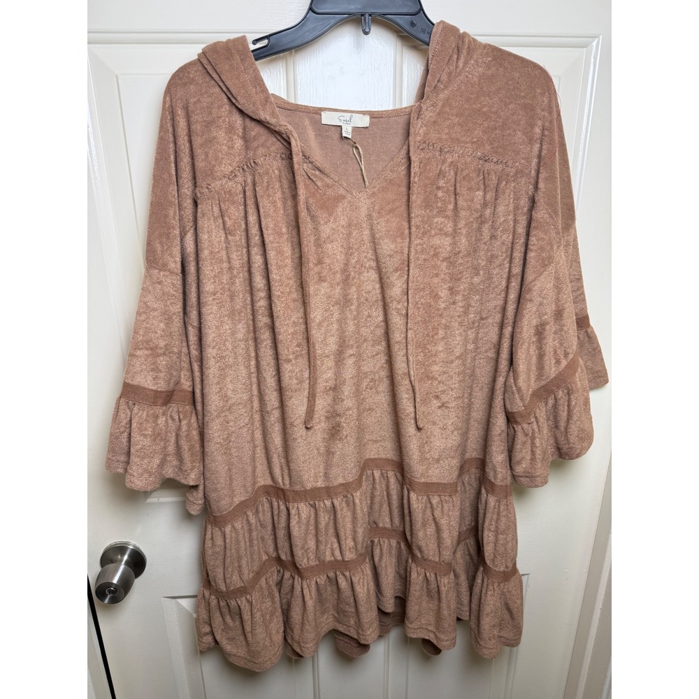 Easel Brown Tiered Ruffle Hooded Tunic Top V-Neck Drawstring ET20417